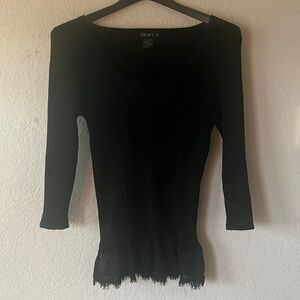 Tracy M. Black Cotton Ribbed Knit w. Lace Accents V-Neck Bodycon Blouse women L